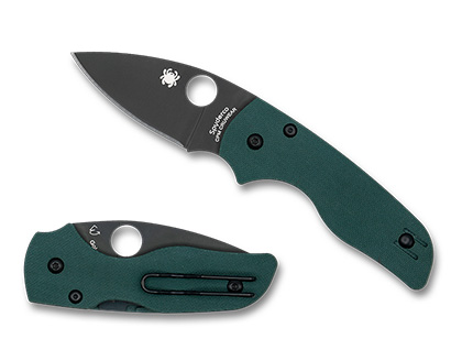 The Lil  Native  Forest Green G-10 CPM CRU-WEAR Black Blade Exclusive Knife shown opened and closed.