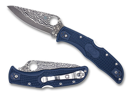 The Endela  Lightweight Navy Blue Damascus Exclusive Knife shown opened and closed.