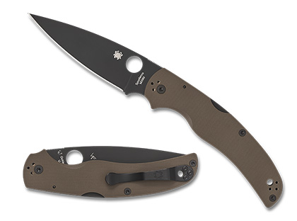 The Native Chief  Brown G-10 M390 Black Blade Sprint Run Knife shown opened and closed.