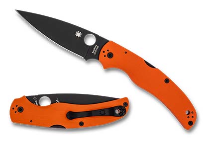 The Native Chief  Orange G-10 Black Blade CTS XHP Exclusive Knife shown opened and closed.
