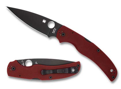 The Native Chief  Red G-10 CPM 4V Black Blade Exclusive Knife shown opened and closed.
