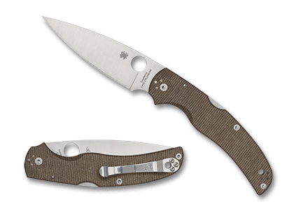 The NATIVE CHIEF  BROWN CANVAS MICARTA  CPM  CRU-WEAR  Knife shown opened and closed.
