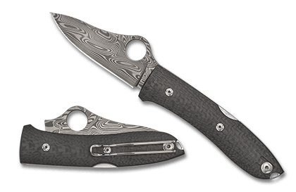 The SpyOpera  Carbon Fiber Thor  Damascus Knife shown opened and closed.