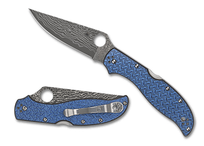 The Stretch  2 XL Blue Nishijin Glass Fiber Damascus Sprint Run  Knife shown opened and closed.