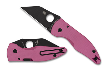 The MicroJimbo  PINK G-10 BLACK BLADE SPRINT RUN  Knife shown opened and closed.