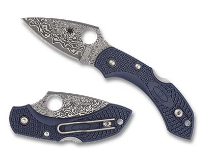 The Dragonfly  2 Dark Navy FRN Damascus Exclusive Knife shown opened and closed.