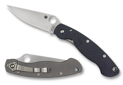 The Military  Model Carbon Fiber Ti Exclusive Knife shown opened and closed.