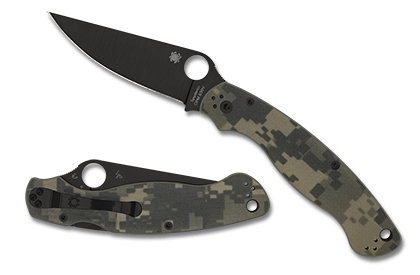 The Military  2 Camo G-10 Black Blade PlainEdge Knife shown opened and closed.