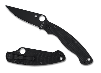 The Military  2 Salt  BLACK G-10 CPM MAGNACUT BLACKBLADE Knife shown opened and closed.