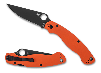 The Military  2 Orange G-10 CTS  XHP Black Blade PlainEdge Exclusive Knife shown opened and closed.