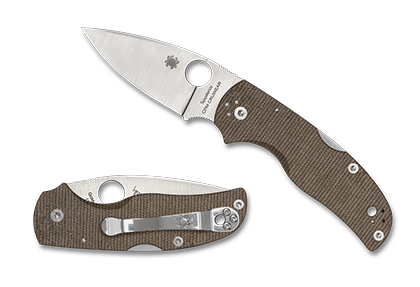 The NATIVE  5 BROWN CANVAS MICARTA  CPM  CRU-WEAR  Knife shown opened and closed.