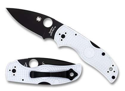 The Native  5 FRN White CPM REX 45 Black Blade Exclusive Knife shown opened and closed.