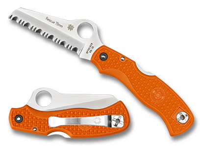 The Rescue 79mm  FRN Orange Knife shown opened and closed.