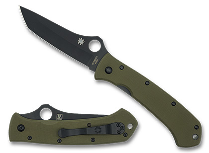 The Lum Tanto OD Green G-10 M390 Black Blade Exclusive Knife shown opened and closed.