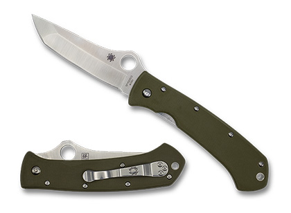 The Lum Tanto OD Green G-10 M390 Exclusive Knife shown opened and closed.