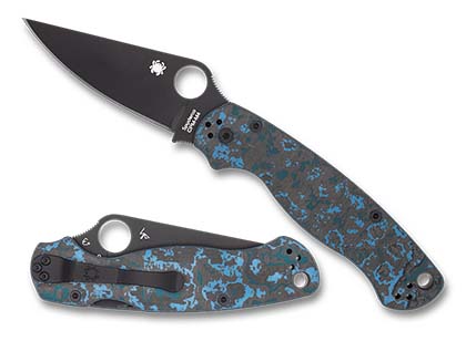 The Para Military  2 Arctic Storm Carbon Fiber CPM M4 Black Blade Exclusive Knife shown opened and closed.