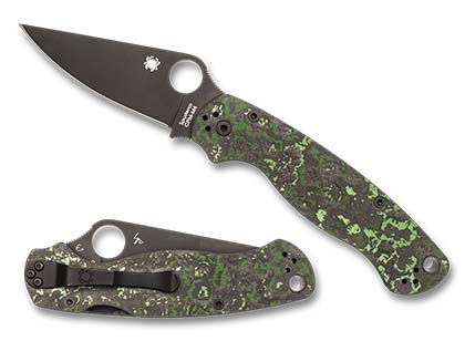 The Para Military  2 Jungle Wear Carbon Fiber CPM M4 Black Blade Exclusive Knife shown opened and closed.