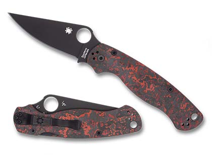 The Para Military® 2 Red Fat Carbon Fiber CPM M4 Black Blade Exclusive shown open and closed