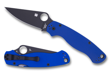 The Para Military  2 Blue G-10 M390 Black Blade Exclusive Knife shown opened and closed.