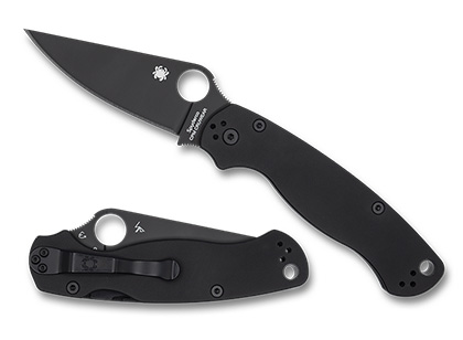 The Para Military  2 Smooth G-10 CPM CRU-WEAR Black Blade Exclusive Knife shown opened and closed.
