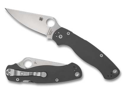 The Para Military  Dark Grey G-10 Elmax Exclusive Knife shown opened and closed.