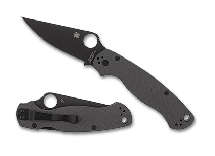 The Para Military  2 Gray Brick Pattern G-10 CPM  REX  76 Exclusive Knife shown opened and closed.