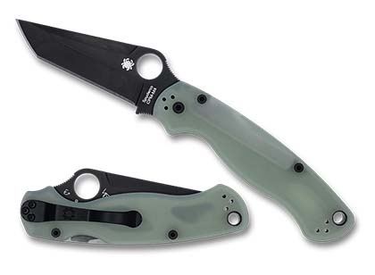 The Para Military  2 Natural G-10 CPM M4 Black Blade Tanto Exclusive Knife shown opened and closed.