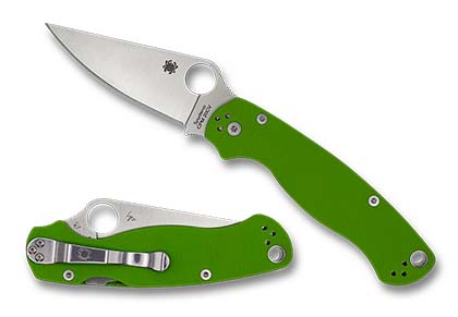 The Para Military  2 Neon Green G-10 CPM 20CV Exclusive  Knife shown opened and closed.