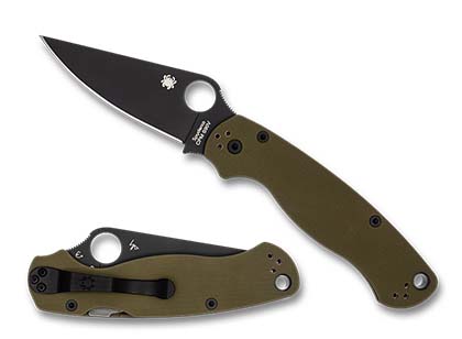 The Para Military  OD Green G-10 CPM S90V Black Blade Exclusive Knife shown opened and closed.