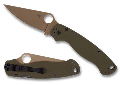 The Para Military  2 OD Green G-10 CTS 204P Flat Dark Earth Blade Exclusive Knife shown opened and closed.