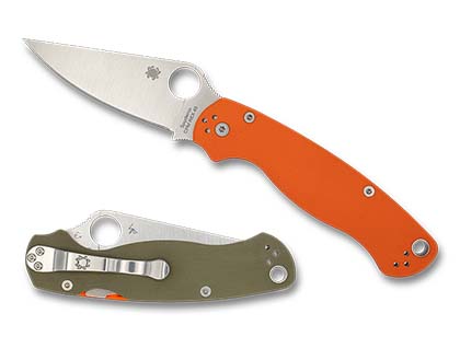 The Para Military  2 Orange   OD Green G-10 CPM REX 45 Exclusive Knife shown opened and closed.