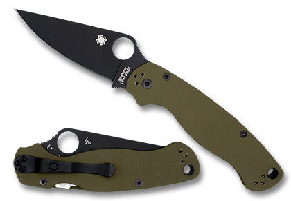 The Para Military  2 G-10 OD Green Black Blade Exclusive Knife shown opened and closed.