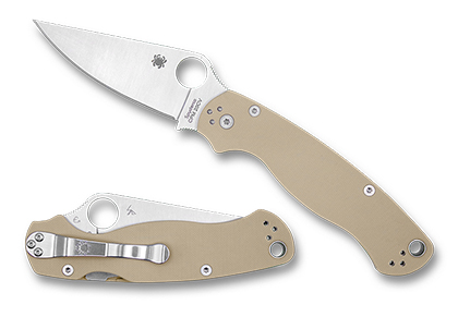 The Para Military  2 Tan G-10 CPM 20CV Exclusive Knife shown opened and closed.