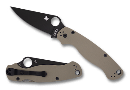 The Para Military  2 Tan G-10 CPM 20CV Black Blade Exclusive Knife shown opened and closed.