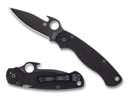 The Para Military  2 G-10 Emerson Opener Black Blade Exclusive Knife shown opened and closed.