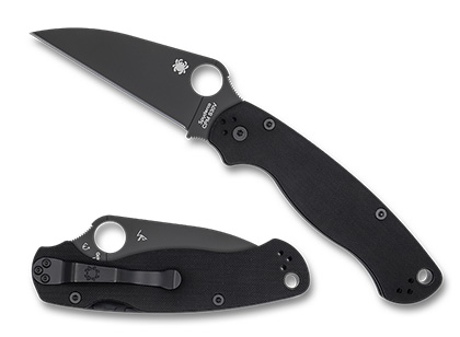 The Para Military  2 Black G-10 Wharncliffe Black Blade Exclusive Knife shown opened and closed.