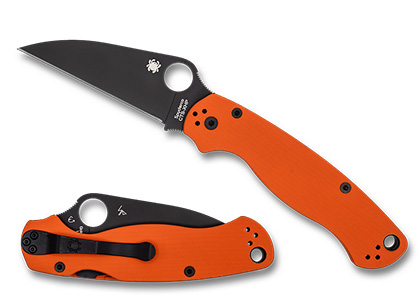 The Para Military  2 Orange G-10 CTS XHP Wharncliffe Black Blade Exclusive Knife shown opened and closed.