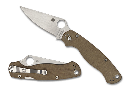 The Para Military  2 CPM CRU-WEAR Micarta Knife shown opened and closed.
