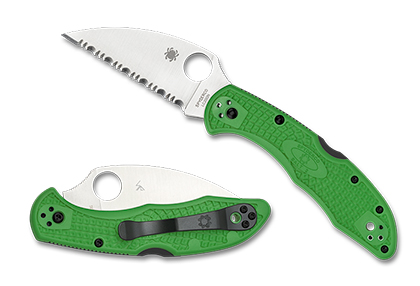 The Salt  2 Green LC200N Wharncliffe SpyderEdge Knife shown opened and closed.