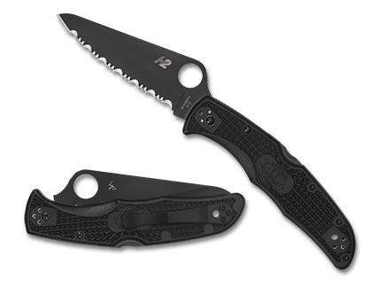 The Pacific Salt  2 Black Blade Knife shown opened and closed.