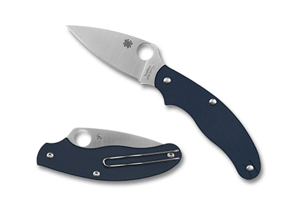 The UK PENKNIFE  COBALT BLUE G-10 CPM  SPY27  Knife shown opened and closed.