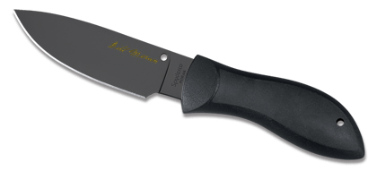 The Bill Moran Drop-Point Black Blade Knife shown opened and closed.