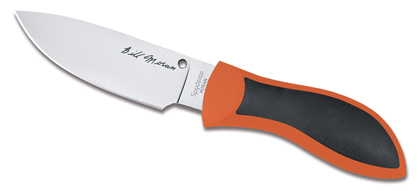 The Bill Moran Drop Point Safety Orange FRN Knife shown opened and closed.