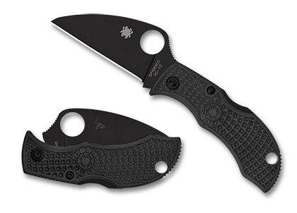 The Manbug  Wharncliffe Black Blade Knife shown opened and closed.