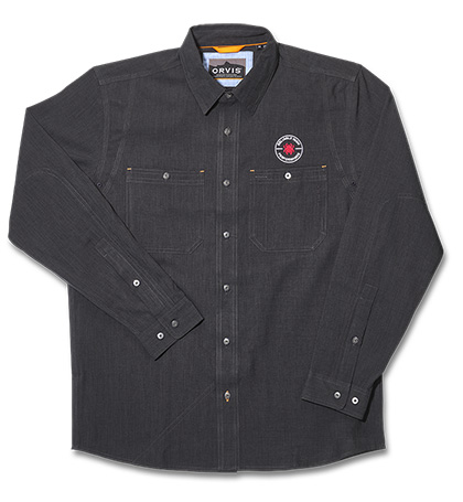 The Orvis  Men  039 s Tech Chambray Work Shirt Black Long Sleeve Knife shown opened and closed.