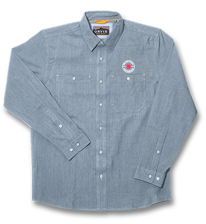 The Orvis  Men s Tech Chambray Work Shirt Blue Long Sleeve Knife shown opened and closed.