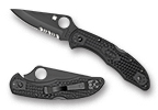 The Delica® 4 FRN Black/Black Blade shown open and closed.