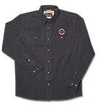The Orvis® Men's Tech Chambray Work Shirt Black Long Sleeve shown open and closed.